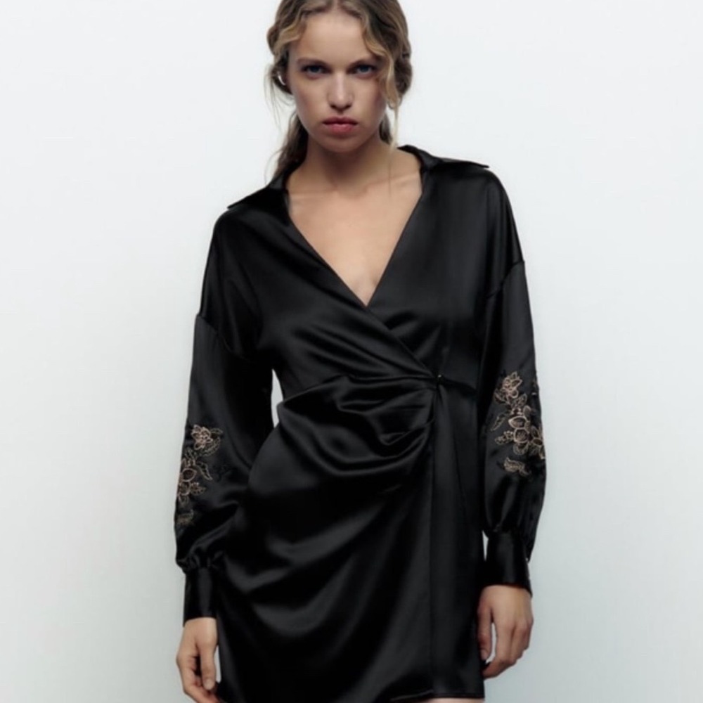 Zara Black Embroidered Satin Mini Wrap Dress